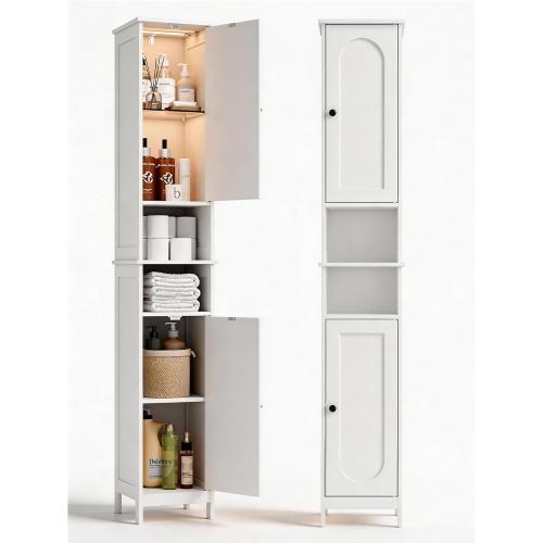 HAIOOU 67 Tall Bathroom Storage Cabinet with Light,11.8W Narrow Bathroom Cabinet with Adjustable Glass Shelves,Slim Freestanding Cabinet for Small Spaces,Skinny Cabinet for Kitchen,Living Room white