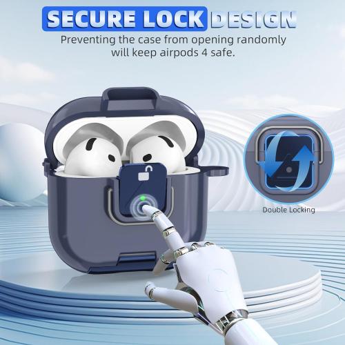 Secure Lock Case for AirPods 4 Case with Phone Stand, Soft TPU Shockproof Protective Cover for Airpods 4th Generation Clear Airpod 4 Case with Cleaning Pen & Keychain (Dark Blue)