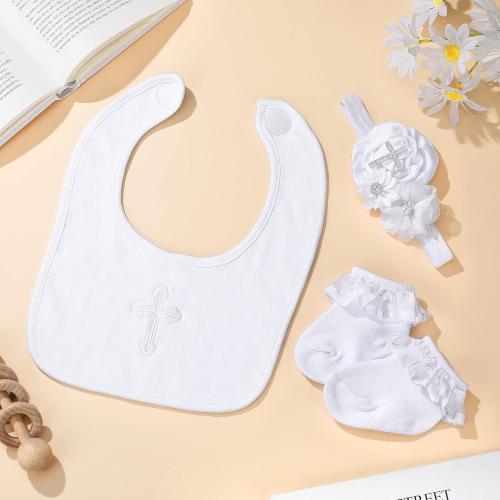 Geyoga 3 Pcs Baptism Bib for Baby Girl Baptism Candle Set Socks Pearl Headband Embroidered White Christening Outfit Bib(6-12 Months)