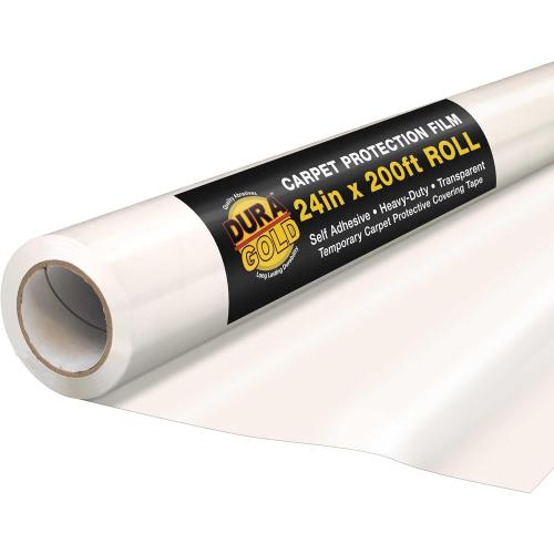 Dura-Gold Carpet Protection Film, 24-inch x 200-foot Roll, Clear Plastic Carpet Protector, Self-Adhesive Plastic for Temporary Stair, Rug, and Floor Protection
