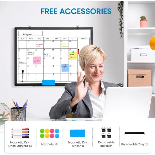 Whiteboard Calendar 36x24 Magnetic Dry Erase Board for Wall, Black | Monthly Calendar, Magnetic Wall Mount Hanging Board, Office Home School, Easy Clean Aluminum Frame, Complete Accessories Kit