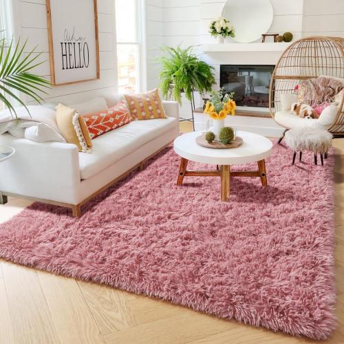 Amdrebio Blush Pink Area Rugs for Girls Bedroom, Fuzzy Furry Fluffy Kawaii Rugs for Kids Room Playroom, Shaggy Small Fur Plush Shag Carpet for Nursery Dorm Classroom, Cute Dusty Rose Mauve Rug 4x6