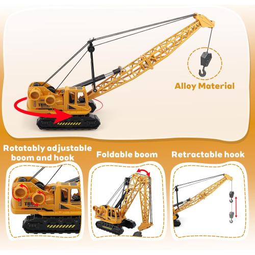 Metal ABS Crane Toy, Diecast Construction Vehicles Crane Model Car with Manual Lifting Button, Truck Building Toys for Kids Boys Ages 3-7, 8-12 Christmas and Birthday Gifts