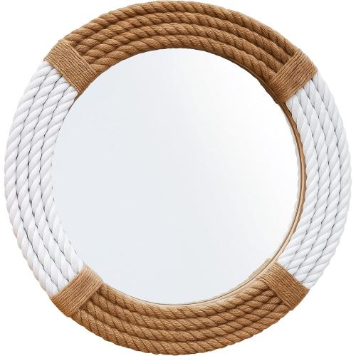 White and Brown Round rope wall mirror, 18 inch, Rustic Farmhouse Hanging Mirror for Bathroom, living Room - Nautical Coastal Decor.