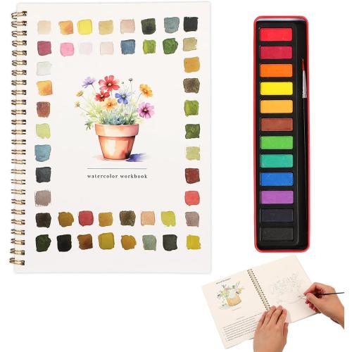 Watercolor Workbook, Water Coloring Book, Watercolor Paint Set, Beginner-Friendly WatercolorWorkbooks, with 12 Colors Watercolor Paint Set with Paint Brush, Watercolor Book for Adults(Potted Plant)