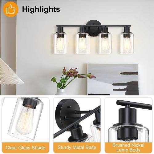 Pia Ricco Bathroom Vanity Light Fixtures, 4-Light Black Vanity Lights with Clear Glass Shades, Modern Wall Sconces Over Mirror, Bath Wall Sconces for Mirror Living Room Bedroom Hallway‼️doesn't come with light bulbs‼️