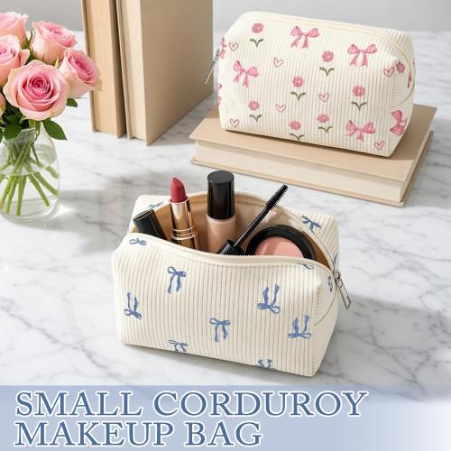 Dansydaisy Small Makeup Bag for Purse Blue Bow Corduroy Cosmetic Bag