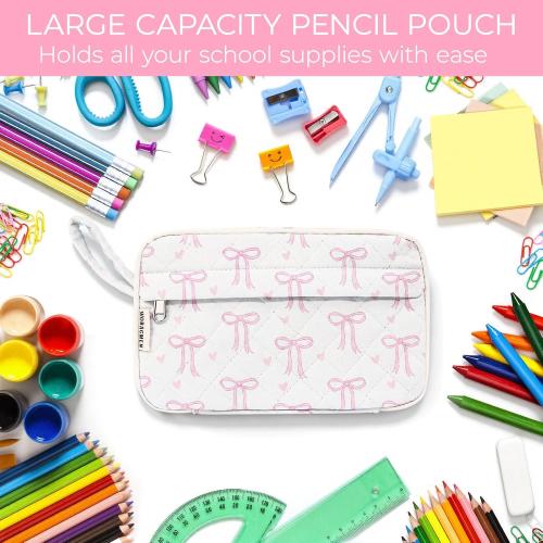 Quilted Pencil Pouch for Girls Women, Large Pencil Case Pouch with Compartments Cute Aesthetic Pencil Case Organizer, Floral Pencil Bag for School Supplies (Pink Bow)