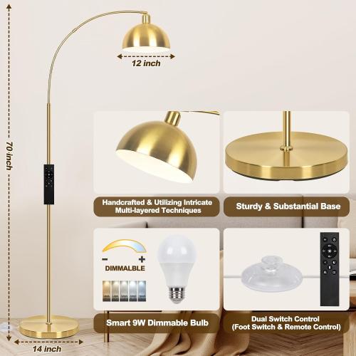 Gold【Upgraded】 Arc Floor Lamps for Living Room - Stepless Dimmable Gold Tall Lamp with Remote Control & Color Temperature 9W LED Bulb, Over Couch Arched Reading Standing Lamp for Bedroom Brass