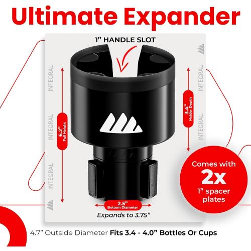 Integral Ultimate Car Cup Holder Expander with Adjustable Base & Organizer | Fits Yeti 14/24/36/46oz, Hydro Flask 32/40oz, Ramblers, mugs & 3.4-4.0in bottles, rubber-tab adjustable base