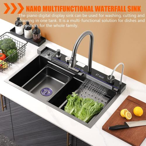 Stainless Steel Flying rain Waterfall Gray-black Drop in Kitchen Sink Workstation Kitchen Sink with Multifunctional Faucet