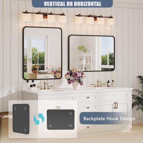 Black Bathroom Mirror for Over Sink - 22×30 Rectangle Bathroom Vanity Mirror Wall Mounted with Matte Aluminum Frame & Rounded Corners, Shatterproof Glass, Horizontal/Vertical