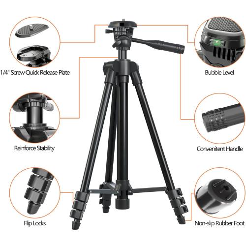 Laser Level Tripod Phone Tripod Stand: 51-Inch Lightweight Travel Stand with Phone Holder Mount Compatible with iPhone, Line Lasers and DSLR Camera, Carry Bag Included | Matte Black