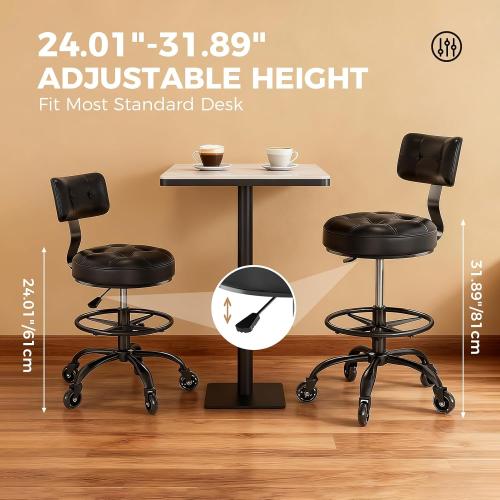 Office Drafting Chair with Footrest, Tall Height Adjustable Stool with Back Support, Heavy Duty Rolling Stool Chair with Wheels for Office Home Kitchen Bar Shop Guitar Studio Vanity, Black