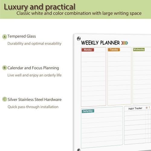 Glass Colorful Weekly Dry Erase Board for Wall,Weekly Planner Whiteboard for Wall 24x18,Frameless Mounting,Medium Weekly Wall Calendar Dry Erase for Office/School/Home