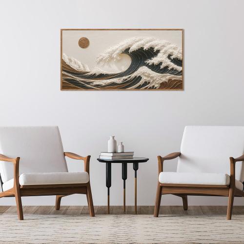 HLNIUC Boho Sea Great Wave Framed Canvas Wall Art,Vintage Japanese Ocean Horizontal Wall Decor,Large Abstract Nature Artwork(40x20),Neutral Sun Seascape Prints for Living Room,Bedroom,Office