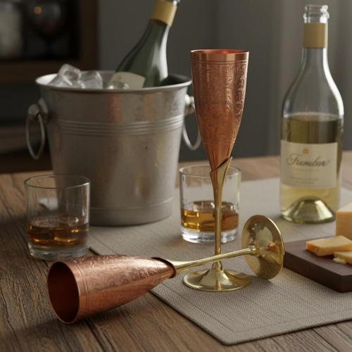 StonKraft Engraved Brass Goblets Champagne Glasses Flutes Coupes Wine Glass Set (Slender Copper)