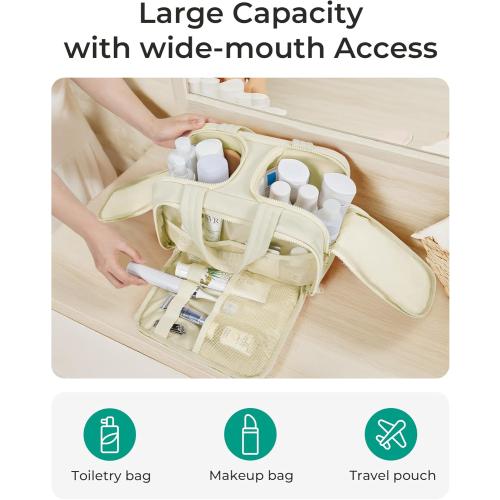 BAGSMART Travel Toiletry Bag, Crush Toiletry Bag for Women, Wide-open Puffy Toiletry Bags for Traveling, Large Travel Cosmetic Makeup Bag Organizer for Accessories,Toiletrie, Beige