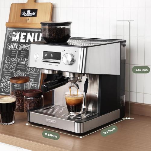Gevi 20 Bar Espresso Machine with Grinder & Steam Wand for Latte Cappuccino | Removable Water Tank, Powerful Milk Frother, Stable Pressure System For Crafting Silky Homemade Coffee Drinks