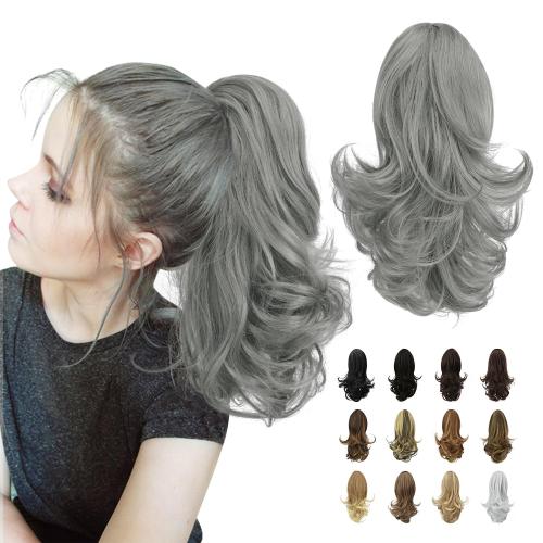 Grey 13 SOFEIYAN Ponytail Extension Long Curly Ponytail Clip in Claw Hair Extension Natural Synthetic Hairpiece for Women, Grey Darker