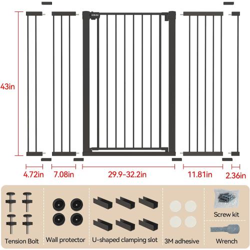 43 inch Tall Safety Dog Gate Adjustable 29.7-57 inch Extra-Wide Metal Pet Gate Drill-Free Pressure-Mount Installation kit Self-Closing Cat Gate for Stairwells、Doorways（Black）