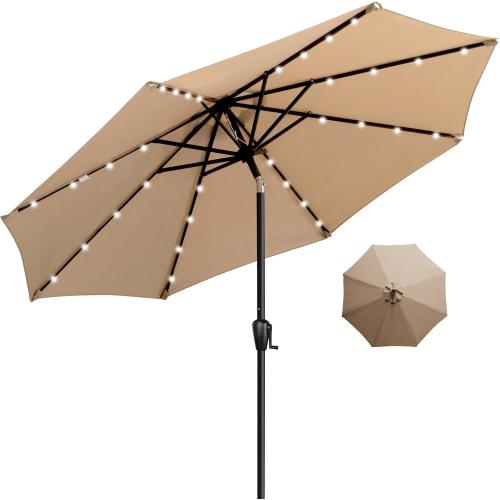 Sun-Ray 9' Round Patio Umbrella with 32 Solar Powered LED Lights, Push-Button Tilt and Hand Crank Lift, Solar Umbrella in Taupe for Porch, Deck, and Patio