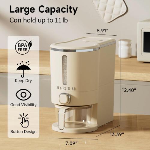 Rice Dispenser, Rice Storage Container with Measuring Cup for Kitchen Pantry Household, Dry Food Storage Containers Airtight, Sealed Moisture Proof, 11 Lbs