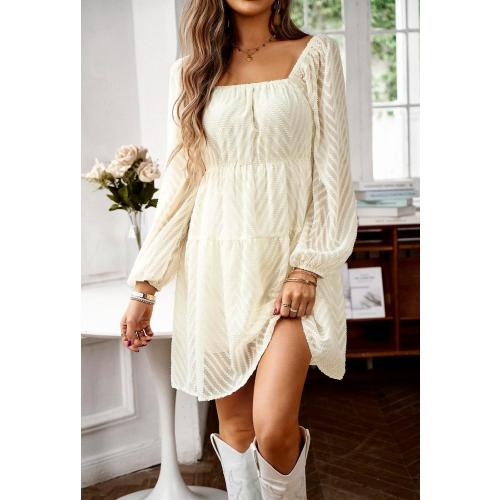 Size Small BestWendding Women's Casual Long Sleeve Mini Dress 2025 Summer Fall Square Neck Ruffle Tiered Flowy Loose Babydoll Dress
