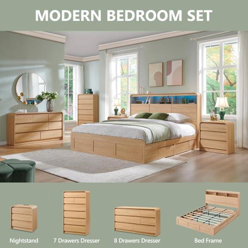 Aitjunz Modern 8 Drawers Dresser for Bedroom, Dressers & Chest of Drawers w/Curved Profile Design, Wood Mid Century Storage Dressers Organizer for Bedroom, Living Room, Natural Oak