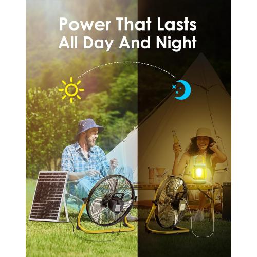 ZHULI 18 Solar Fan, Portable Battery Operated Floor Fan, Rechargeable Cordless Camping Fan, 40W Solar Panel, Hi-Velocity Brushless Motor, Metal blade, USB Phone Charge, 8~60H Runtime, Quiet, Wireless