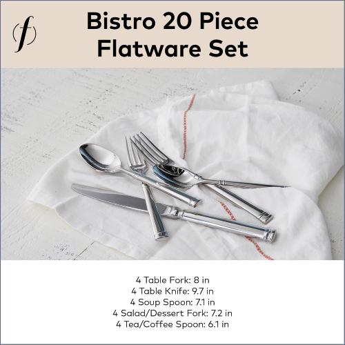 FORTESSA Bistro 18/10 Stainless Steel Flatware, 20 Piece Place Setting With Table Knives, Forks and Spoons (Service For 4), Dishwasher-Safe, Mirrored