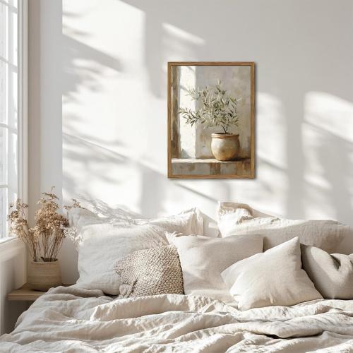 Framed Vintage Olive Tree Wall Art, Textured Sandstone Botanical Pictures Wall Decor, Rustic Neutral Potted Plant Paintings Prints Aesthetic Farmhouse Home Decor for Living Room Bedroom 16x24 inch