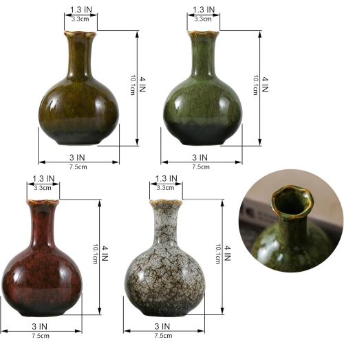 JOJUNO Glazed Rustic Bud Vase Set of 4 - Small Ceramic Mini Pottery Vases in White, Yellow, Green, Red - Ideal for Fresh & Dried Flowers - Modern Farmhouse Décor for Living Room, Shelves, Dining Table