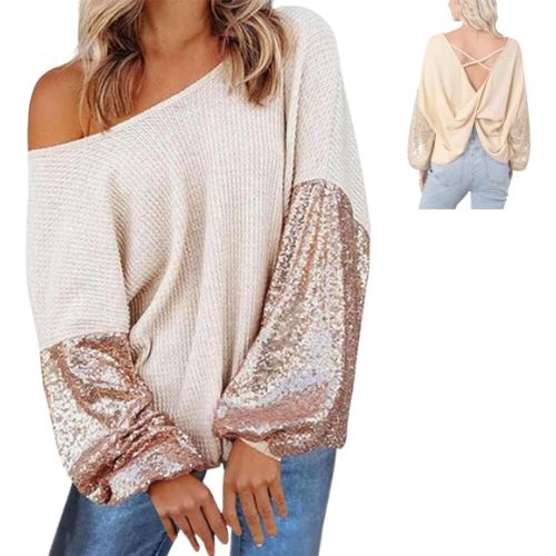 Size XL Glitter Off Shoulder V Neck Backless Pullover Tops,Women Sequin V Neck BacklessLong Sleeve Waffle Knit Sweater