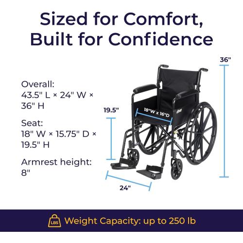 Drive Medical Silver Sport 1 Folding Transport Wheelchair - Lightweight Mobility Support - Full Armrests - Removable Swing-Away Footrests - Durable Steel Construction - Compact Folding Frame - Black