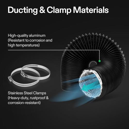 VIVOSUN 6 Inch 25 Feet Black Non-Insulated Flex Air Aluminum Ducting for HVAC Ventilation w/Two 6 Inch Stainless Steel Clamps
