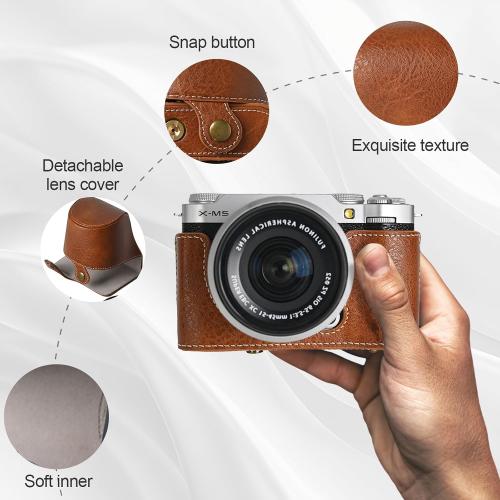 VOVMOEYA Protective Camera Case for Fujifilm XM5 Mirrorless Camera,Fuji X-M5 Camera Case Fuji XM5 Half Case With Front Cover With Shoulder Strap Full Protection Snap Button-COFFEE