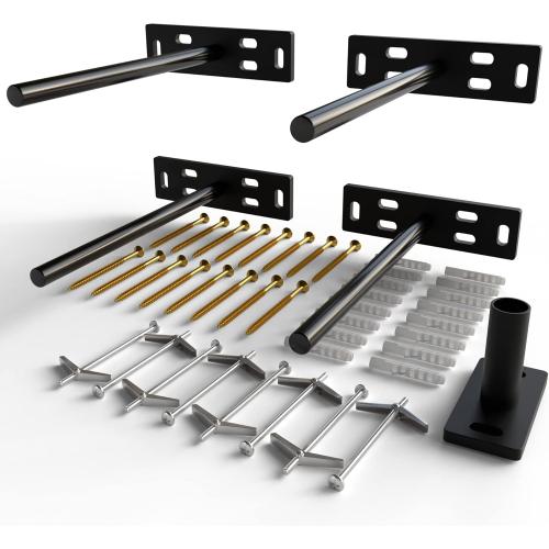 Set of 4 Size 5x1 3/8x 8 Floating Shelf Brackets Heavy Duty (1/4 inch Thick Baseplate) Painted Black Mild Steel/Bracket for Hidden Wall Shelves Support Hardware Mount Kitchen/Nursery Decor (10 inch Rods)
