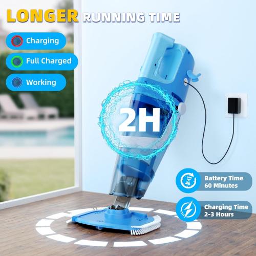 Cordless Pool Vacuum Above & Inground Pools, Powerful 1590 GPH Suction,Handheld Telescopic Pole up to 85.45, 1H Runtime, 2L Debris Bin, Rechargeable Pool Cleaner for Spas & Hot Tubs