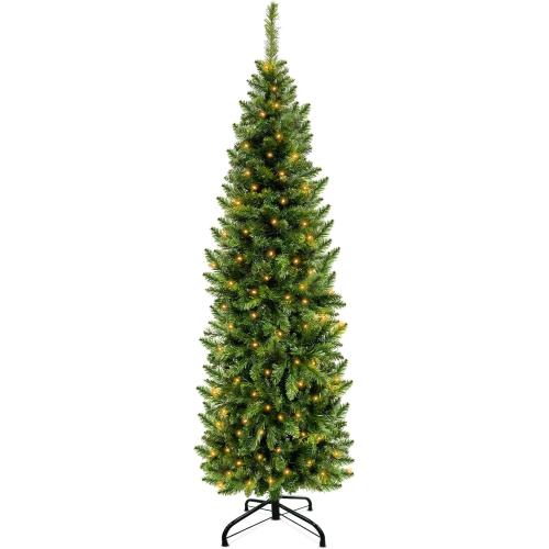 5 Ft Pencil Artificial Christmas Tree with 550 Branch Tips, Spruce Green,180 LED Warm White Lights, Include Metal Stand, UL Plug in, Slim Skinny Xmas Pencil Tree Decor for Holiday Home Indoor Outdoor