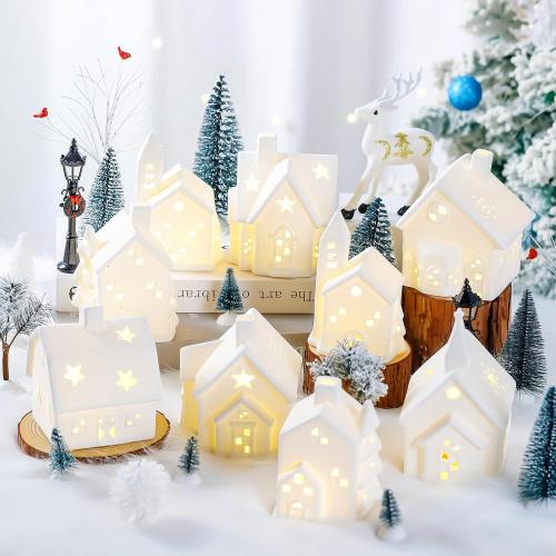 Set of 28 Ceramic Christmas Village Sets 8 Pieces White House with 18 Pieces Snow Tree 2 Lamp Vintage Christmas Decoration for Mantle Table Top Decor (Elegant)