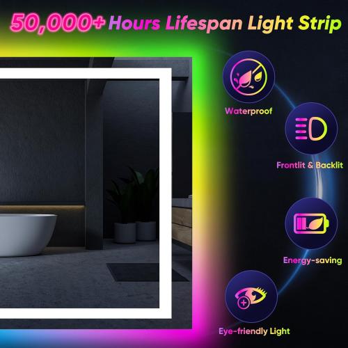 36x36 Inch RGB LED Bathroom Mirror Front Light LED Bathroom Mirror with 3 Colors, Vanity Mirror with Lights, Anti-Fog Wall Mounted, Dimmable Touch Switch Control, Memory Front and Backlit Smart Mirror