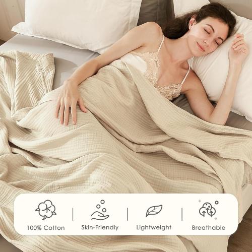 EMME Cotton Throw Blanket for Couch Soft Muslin Blankets 50x60 Lightweight Breathable Blanket Light Tan All Season Gauze Blanket