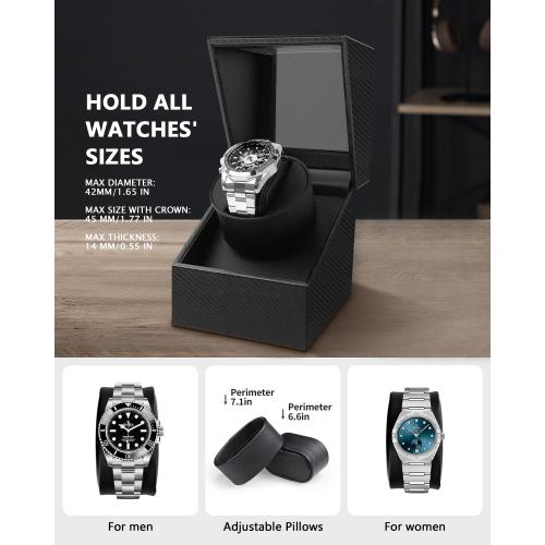 Watch Winder for Automatic Watches: Automatic Single Watch Winder Box with Japanese Quiet Motor, Rotating Watch Case in Black Carbon Fiber Leather, Gifts for Men Collectors