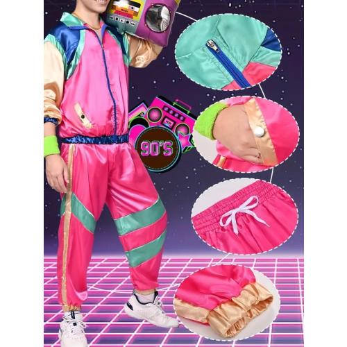 Mens Womens Retro 80s Pink And Blue Tracksuit With Accessory Unisex Top Bottom Costume Party
