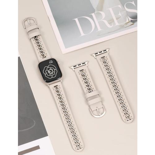 Minyee Leather Band Compatible with Apple Watch Bands 38/40/41/42/44/45/46/49mm Women, Dressy Premium Leather Strap with Stainless Steel Metal Chain for iWatch Series 11 10 9 8 7 6 5 4 SE/Ultra 3 2 1