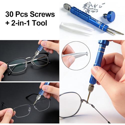 PTSLKHN Eye Glass Repairing Kit, S2 Steel Screwdriver with 15 Types of Screws, Precision Eyeglass Repair Tool Set (Blue 2in1-screws)