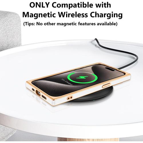 Designed for iPhone 15 Pro Case Rectangle, Works with Magnetic Wireless Charging, Full Lens Protection, Flexible TPU Electroplated Edge for Women Men Phone Case for iPhone 15 Pro White