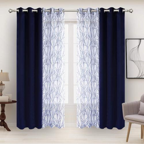 Mix and Match Curtains - 2 Pieces Branch Print Sheer Curtains and 2 Pieces Blackout Curtains for Bedroom Living Room Grommet Window Drapes,