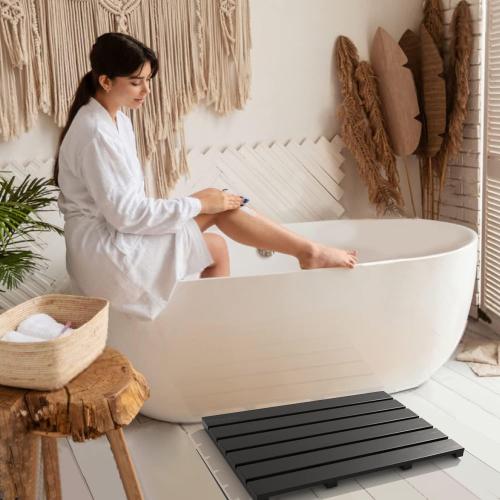 Black Bath Mat for Bathroom Luxury Shower - Non-Slip Bamboo Wooden Waterproof Floor Mat for Indoor or Outdoor Use(Black)